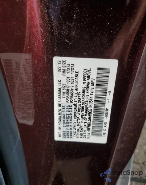 2012 Honda Odyssey Exl from USA, damaged, VIN 5FNRL5H65CB060544